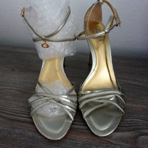 GUESS TINA Silver Reptile Strappy High Heel Sandals 8.5  Gold Charms - Picture 2 of 16